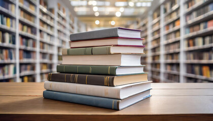 Stack of books on table with blurred library background.