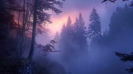 Fototapeta na wymiar dense mysterious forest in the fog
