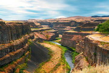 The deep wide canyon gorge of the Palouse River at Palouse Falls State park in Washington state...