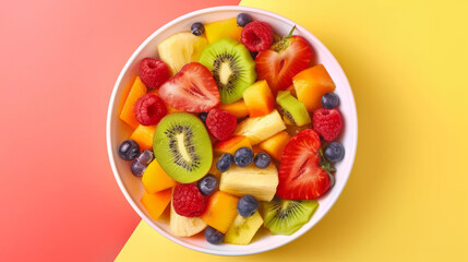 Eye-catching fruit salad in a white bowl, contrasted against a bright yellow and red split...