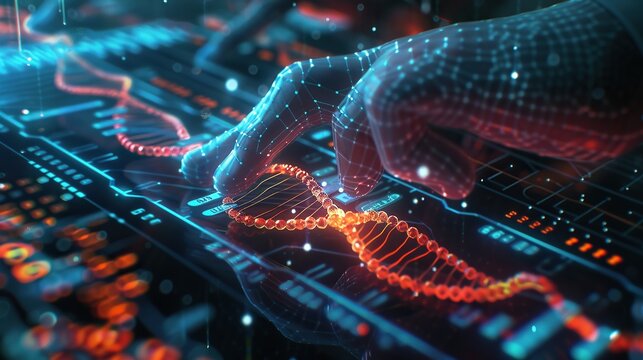 A digital representation of a human hand interacting with DNA strands in a futuristic interface