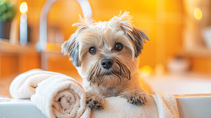 The concept of pet spa relaxation is illustrated as a dog indulges in a soothing bubble bath