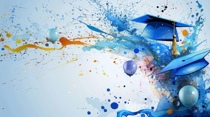 Blue graduation explosion with flying academic hats.