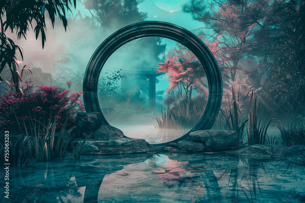 Poster a moon gate stands in a misty garden. beyond its circular frame, layers of color blend seamlessly--j
