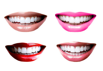 Happy healthy smiles set, clean perfect teeth and lips isolated on white background
