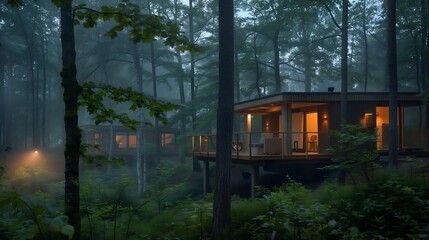 a modern house in the middle of a mysterious forest