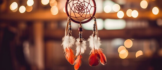 A handmade dream catcher adorned with feathers, threads, and beads is suspended from the ceiling. In the background, soft lights add a warm glow to the scene. - obrazy, fototapety, plakaty