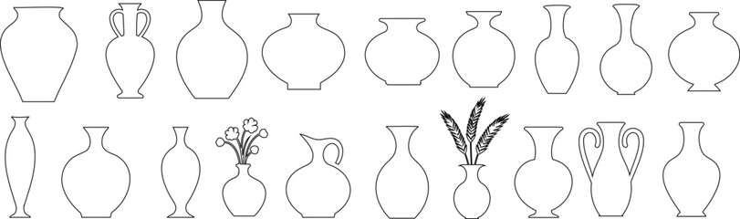 vase outline collection, Minimalist vase line art elegant simplicity. Perfect for art, decoration, web design. Black lines create diverse shapes, two feature floral design