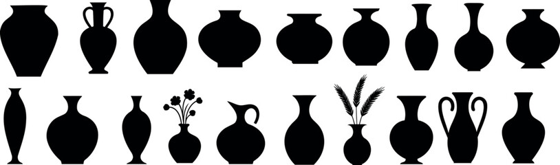 vase silhouette set, vase vector collection, diverse vase designs, ancient, ceramic, potter, amphora, . Ideal for interior design, art decor, elegant visuals