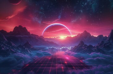 Futuristic Landscape With Mountains and a Pink Sun
