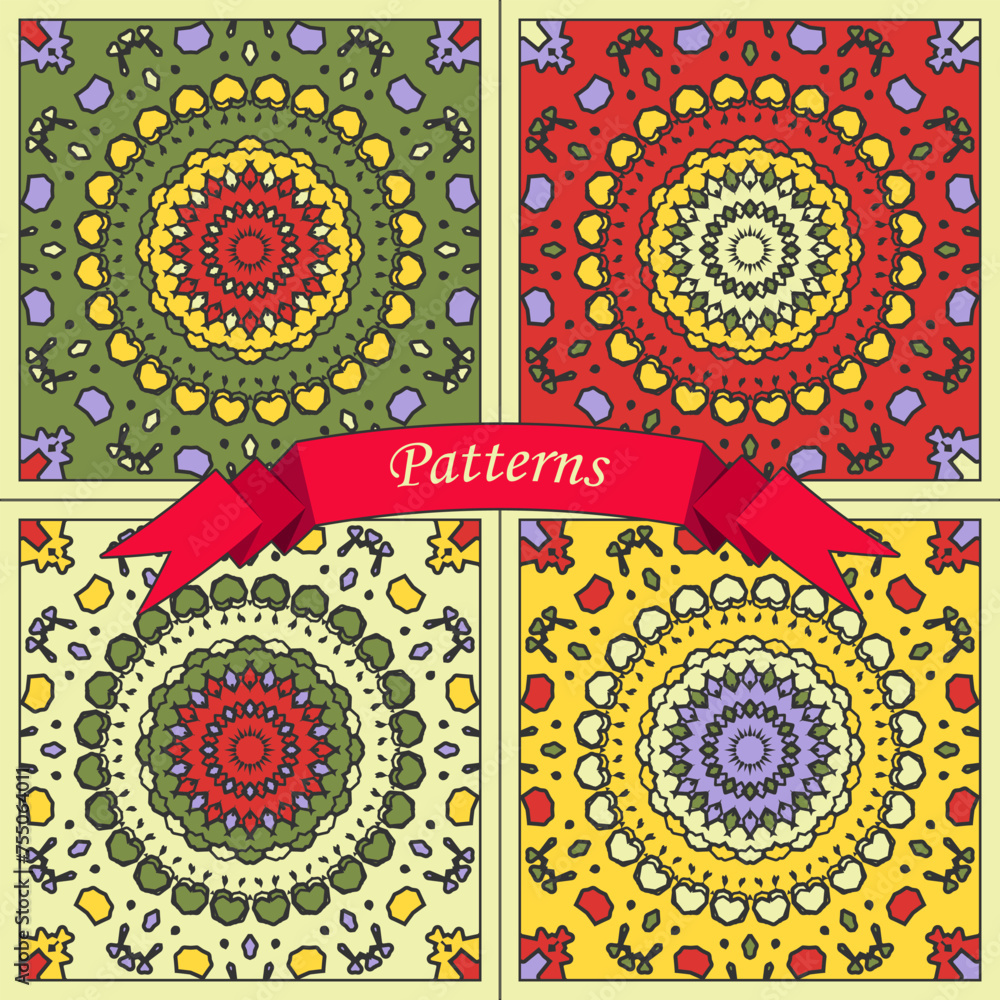 Poster four color versions of square panels with multi-colored concentric patterns. vector set no. 6