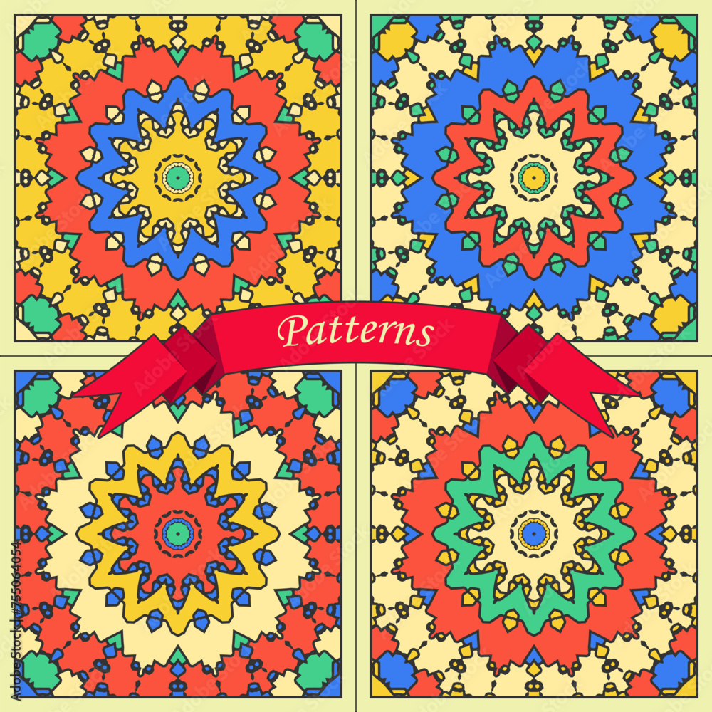 Poster four color versions of square panels with multi-colored concentric patterns. vector set no. 7
