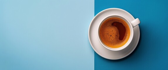 A Cup of Coffee on a Blue Background - obrazy, fototapety, plakaty