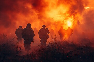 Amidst the chaos of war, military troops engage in intense combat on the frontline, their determination and courage evident as they fight for their cause in the heat of battle - obrazy, fototapety, plakaty