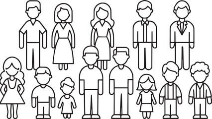 Man vector icons set and  family types structures. Editable vector stroke.