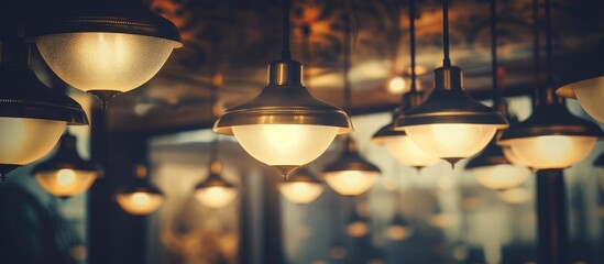 A multitude of lights are suspended from the ceiling, casting a warm glow. The bulbs and lamp shades vary in shape and size, creating a visually striking display.