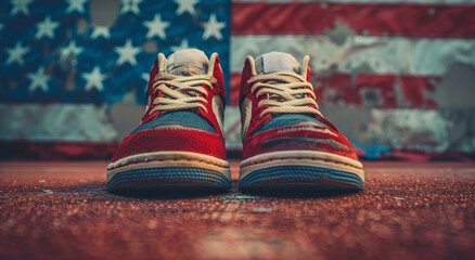 Red Converse Sneakers on Wooden Floor - obrazy, fototapety, plakaty