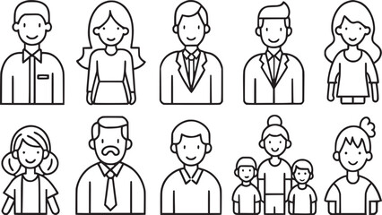 Man vector icons set and  family types structures. Editable vector stroke.