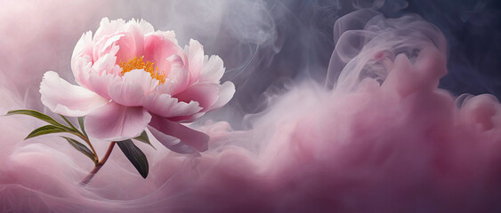 Peony, abstract pink flower in the smoke