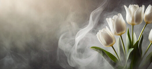 White tulips, abstract flowers in smoke