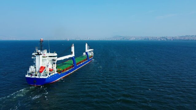 Bulk dry cargo carrier ship for carrying cargo cruising across the sea, Aerial