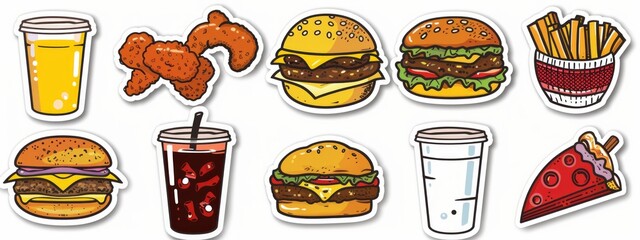 Sticker icon fast food and drinks. illustration