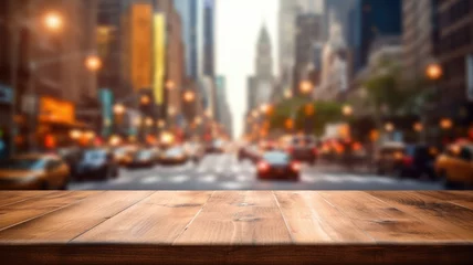 Papier Peint photo Lavable TAXI de new york The empty wooden table top with blur background of NYC street. Exuberant image. generative AI