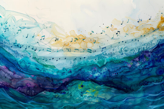 An underwater symphony--waves of sound ripple through an abstract ocean. Musical notes blend with watercolor hues--violets, teals, and electric yellows.