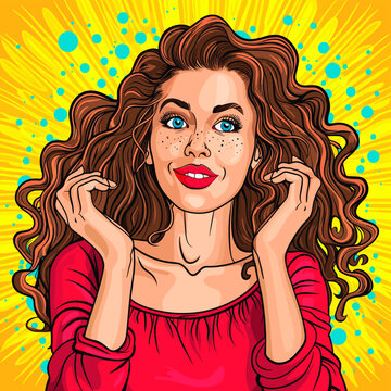 Beautiful stylish happy woman on yellow background vector illustration in pop art style, lady, comic, female, girl