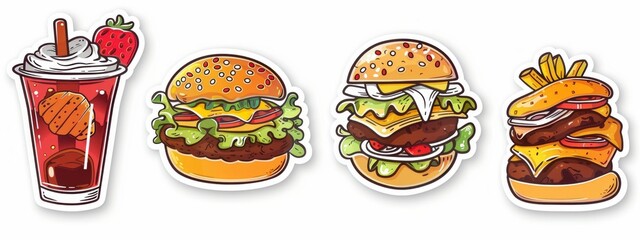 Sticker icon berger and drinks. illustration