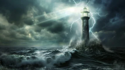 Foto op Aluminium A lighthouse endures the wrath of a tempest, with waves crashing and lightning illuminating the dark stormy skies © kaitong1006