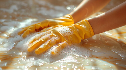 Golden gloves cleaning sudsy surface