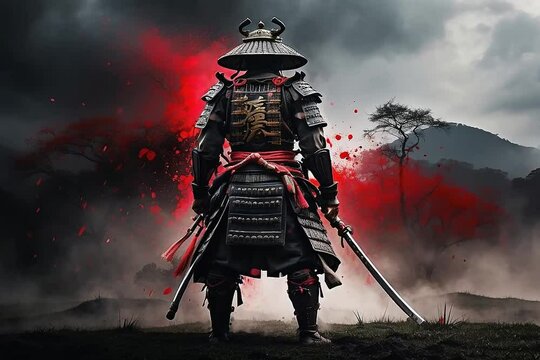 Dark image of Samurai In field. Misty and eerie atmosphere. Japanese Samurai Background.