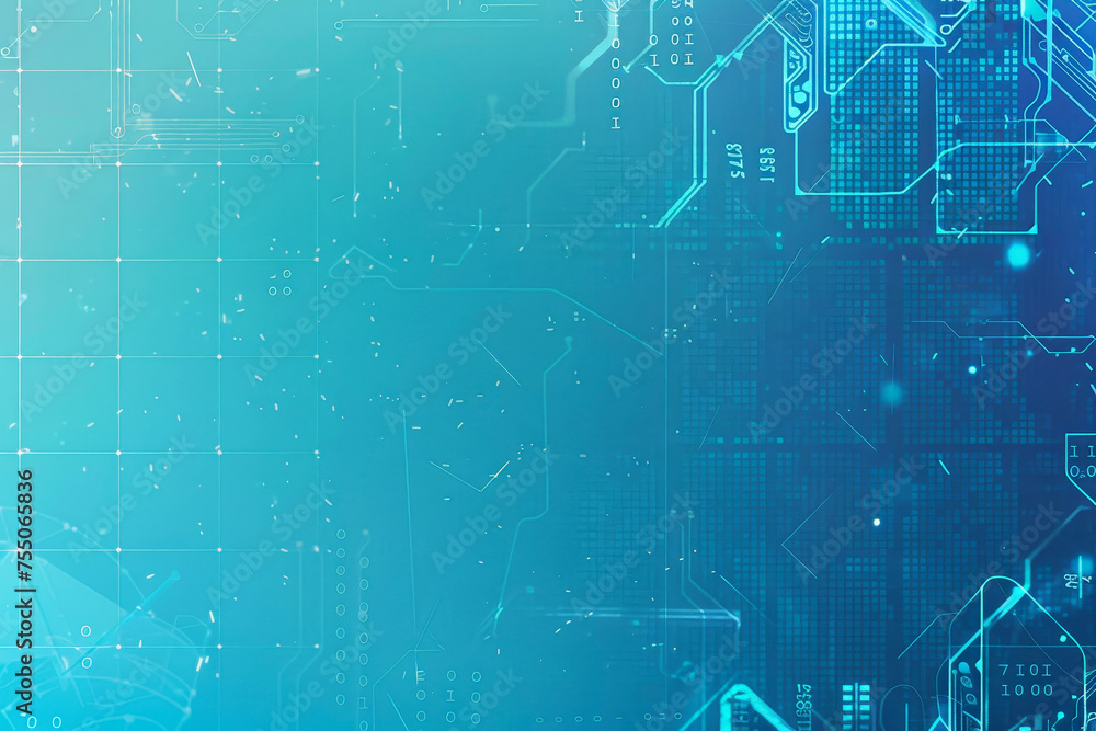 Poster a abstract background with a blue gradient, a white grid, a binary code, and a circuit board