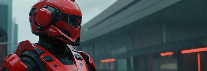Futuristic red suit of the future. Banner, close-up, helmet. Future, exoskeleton, technology, fashion, AI, cyborg.
