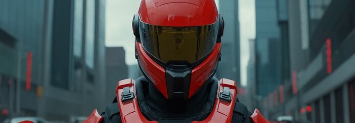 Futuristic red suit of the future. Banner, close-up, helmet. Future, exoskeleton, technology, fashion, AI, cyborg.