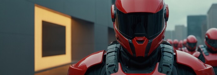 Futuristic red suit of the future. Banner, close-up, helmet. Future, exoskeleton, technology,...