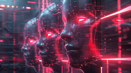 Un'interfaccia di rete neurale futuristica ,  linee elettriche, luci Ai incandescenti e volti umani traslucidi,mescolati alla rete, viso di donna con reti neurali attive, mix di umano e AI - obrazy, fototapety, plakaty