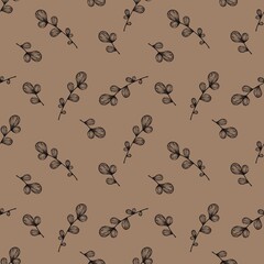 Botanical elegant elements  seamless pattern on brown background, floral wallpaper