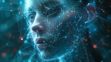 Un'interfaccia di rete neurale futuristica ,  linee elettriche, luci Ai incandescenti e volti umani traslucidi,mescolati alla rete, viso di donna con reti neurali attive, mix di umano e AI