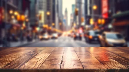 Crédence de cuisine en verre imprimé TAXI de new york The empty wooden table top with blur background of NYC street. Exuberant image. generative AI
