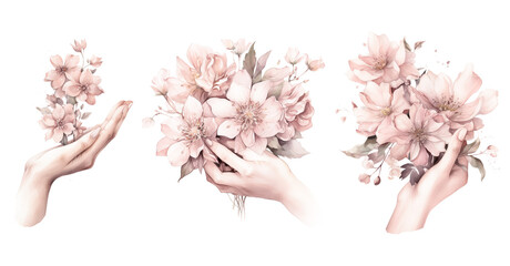 Watercolor hands holding a flower bunch - obrazy, fototapety, plakaty
