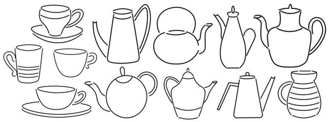 set of teapot and cups in doodle style in vector. template for greeting card design sticker poster