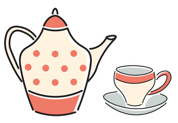 set of color teapot and cup in flat style in vector. template for greeting card design sticker poster