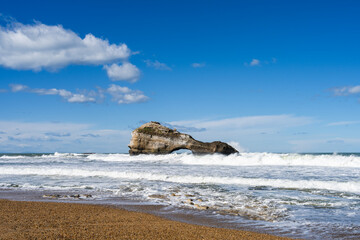 The iconic Miramar beach of Biarritz with its rock. Basque Country of France. - 755066608