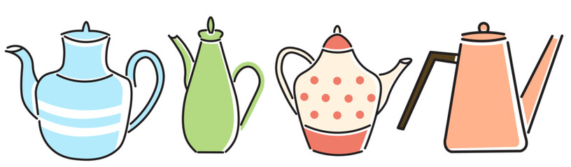 set of color teapot in flat style in vector. template for greeting card design sticker poster