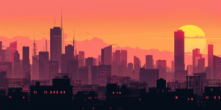 Warm sunset hues bathe a cityscape silhouette, with a vivid sun dipping below the horizon amidst skyscrapers.