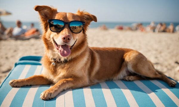 A happy red dog in sunglasses lies on a sun lounger on the ocean shore, people are sunbathing in the background.