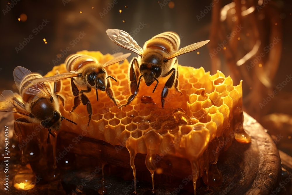 Aufkleber collaborative bees inside a hive. comb frame. generate ai