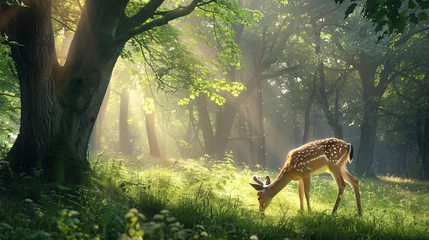 Fototapeten Serene deer grazing in a sun dappled forest © Asad